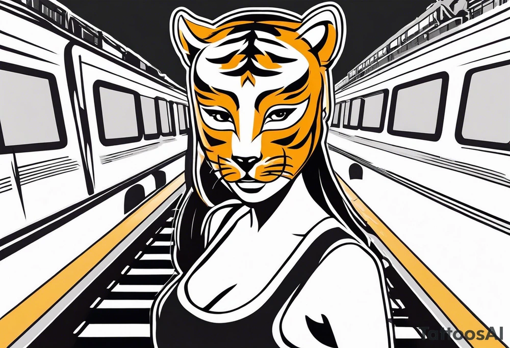 Bells cracking train track in the middle with a girl wearing tiger mask tattoo idea
