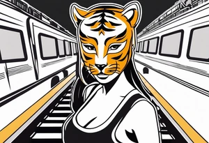Bells cracking train track in the middle with a girl wearing tiger mask tattoo idea