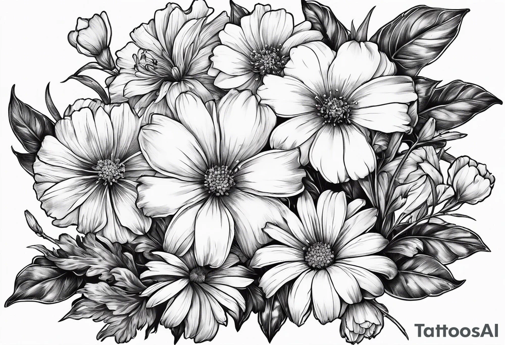 one larkspur, one carnation, one violet and one daisy with stems  and tied together with bow tattoo idea
