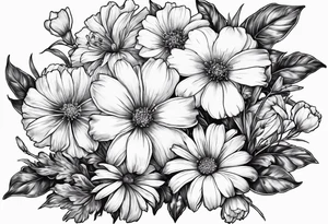 one larkspur, one carnation, one violet and one daisy with stems  and tied together with bow tattoo idea