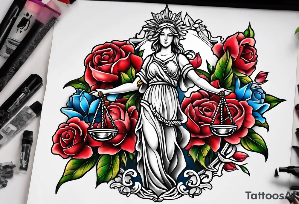 lady justice and flowers tattoo idea
