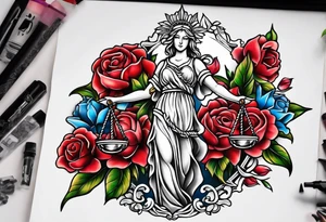 lady justice and flowers tattoo idea