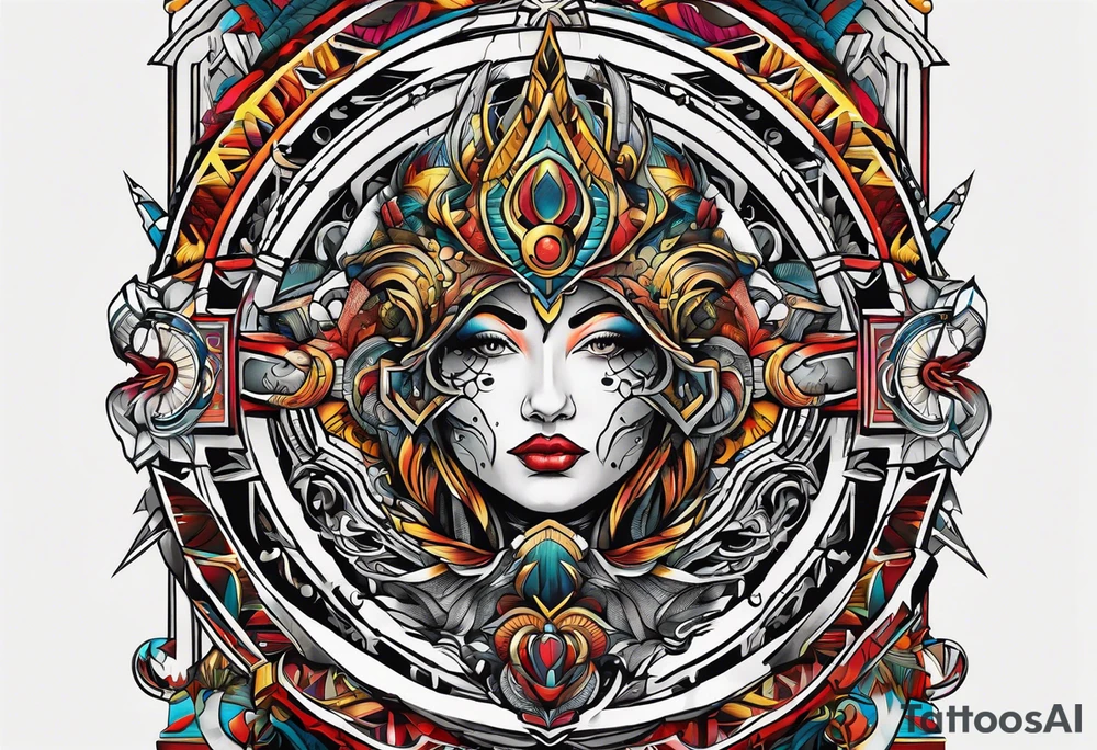 Bold geometric tapestry trident in colour on arm tattoo idea
