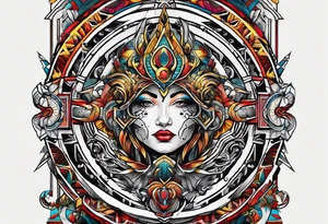 Bold geometric tapestry trident in colour on arm tattoo idea