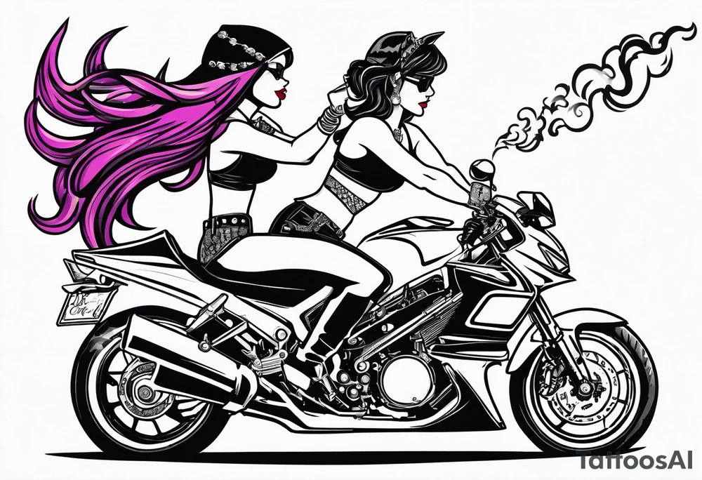 Sexy, feminine, gangster girl pointing a 32 cal. Gun 1 hand & lighting a cig w the other angel/devil, relaxing on a cbr600rr silver, tattoo idea