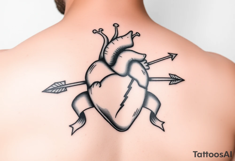 anatomical heart pierced by ornate arrow with flowing ribbons tattoo idea