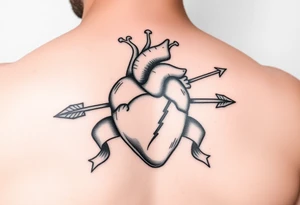 anatomical heart pierced by ornate arrow with flowing ribbons tattoo idea