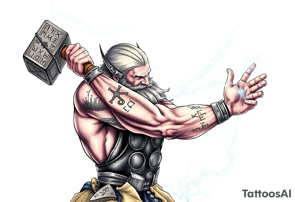 The great viking thor swinging his hammer with runes everywhere and lighting striking the ground with electricity sparking everywhere. tattoo idea