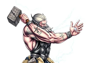 The great viking thor swinging his hammer with runes everywhere and lighting striking the ground with electricity sparking everywhere. tattoo idea