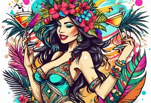 vintage beach dance party with music and confetti, tropical drinks tattoo idea