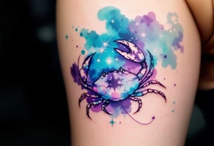 Violet and turquoise watercolor splash behind the Cancer stars constellation, with the crab subtly hidden in the background. tattoo idea