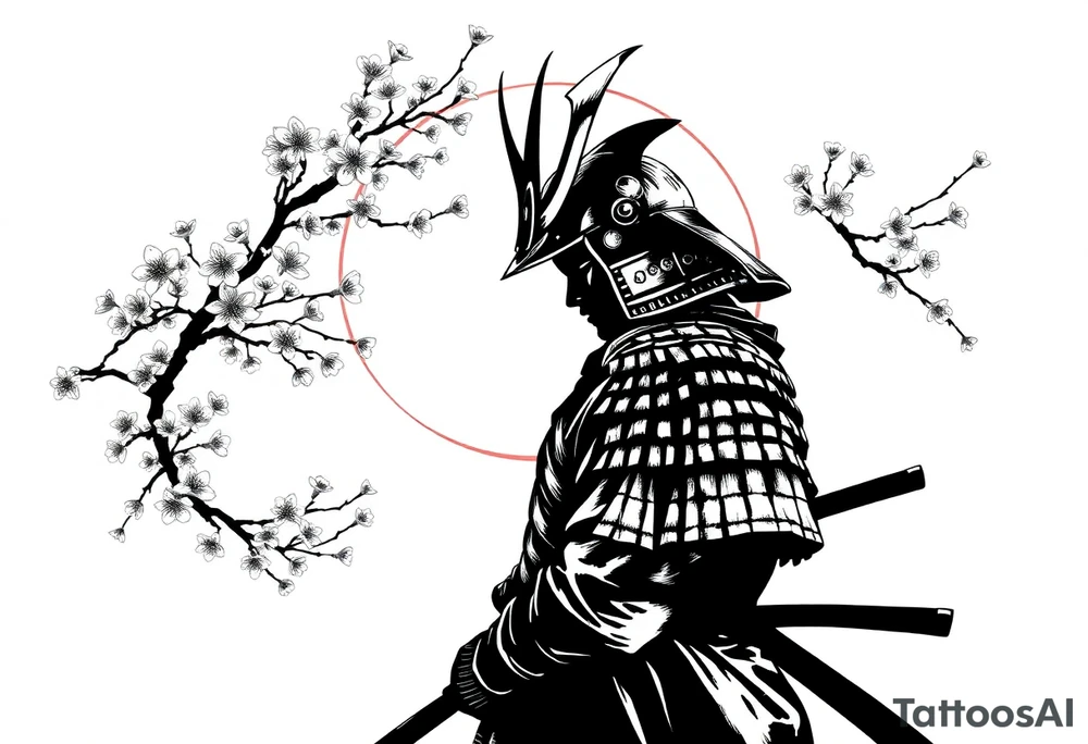 noble samurai warrior silhouette at sunset with cherry blossoms tattoo idea