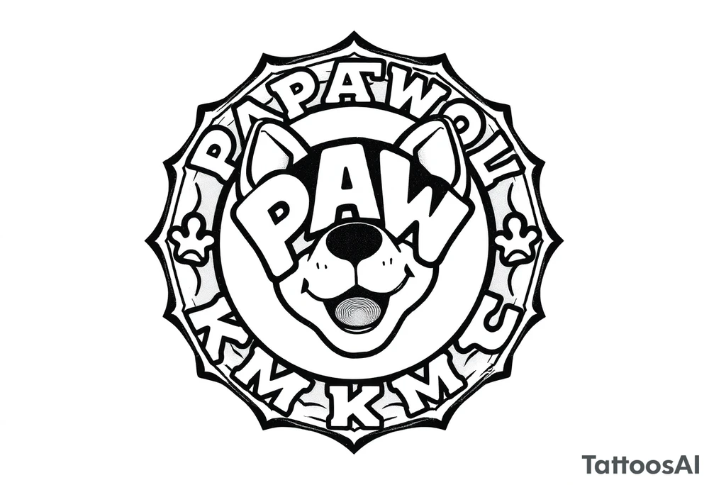 Paw Patrol Badge with footprints chasing letters KMC around the outside staggered tattoo idea