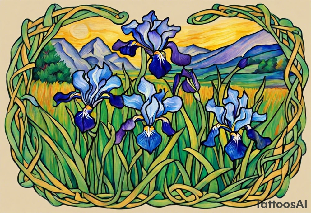 Create a small, thick, colorful Vincent van Gogh Irises tattoo, with vines in Celtic knots gracefully intertwining at mountains need to be present. The intended placement is on the upper chest. The overall design should be small in size while maintaining a delicate and artistic aesthetic. Pay attention to the graceful flow of the vines and the placement of the irises to achieve a refined and elegant look. tattoo idea