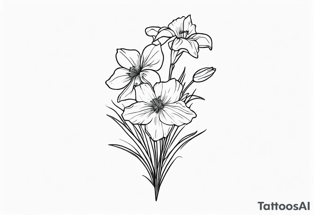 a tall, vertical minimalist style line art tattoo of a bouquet of violets, daffodils, gladiolus, and cosmos tattoo idea