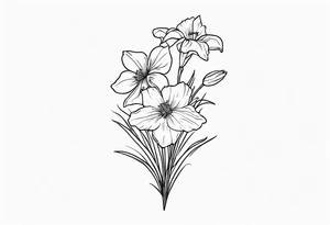 a tall, vertical minimalist style line art tattoo of a bouquet of violets, daffodils, gladiolus, and cosmos tattoo idea
