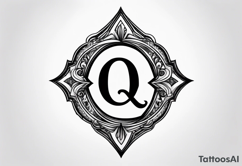 A spade symbol with the letter "Q" embedded in the center. tattoo idea