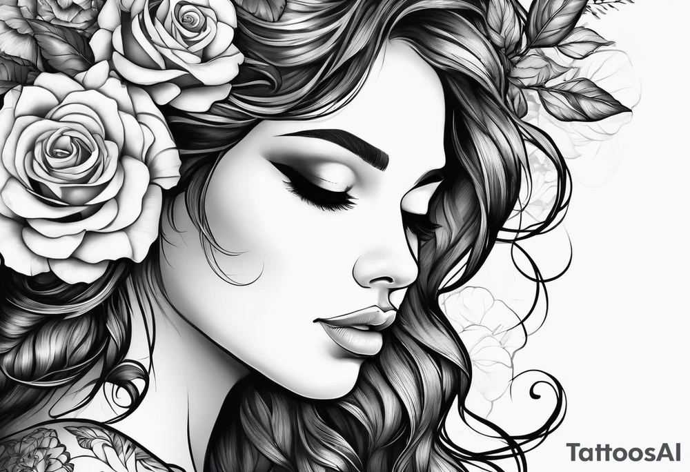Realistic Mother Nature face side profile with roses in her hair and nature around her black and white tattoo idea