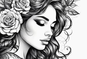 Realistic Mother Nature face side profile with roses in her hair and nature around her black and white tattoo idea
