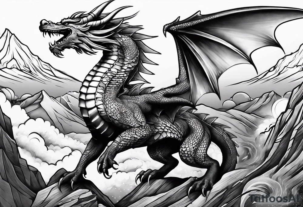 Mexican dragon flying over a mountain and around the moon arm sleeve tattoo idea