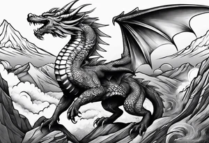 Mexican dragon flying over a mountain and around the moon arm sleeve tattoo idea