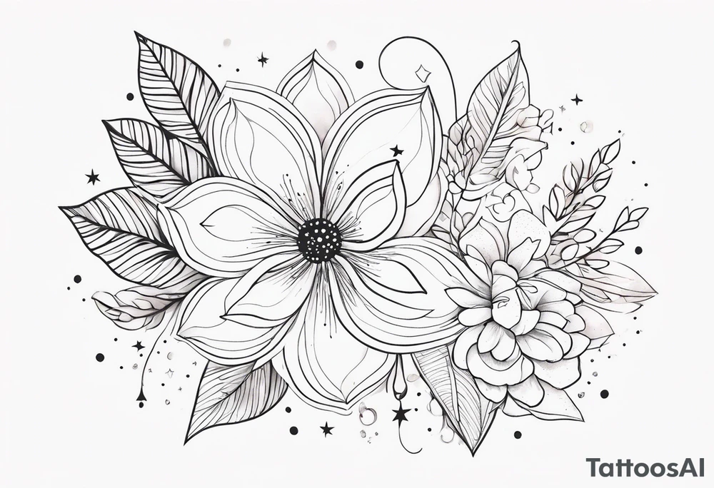 fine line floral with stars, swirls, dots tattoo idea
