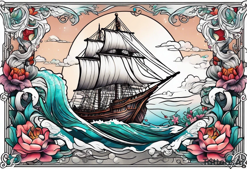 mermaid with galleon ship tattoo idea