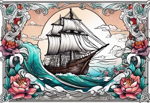 mermaid with galleon ship tattoo idea