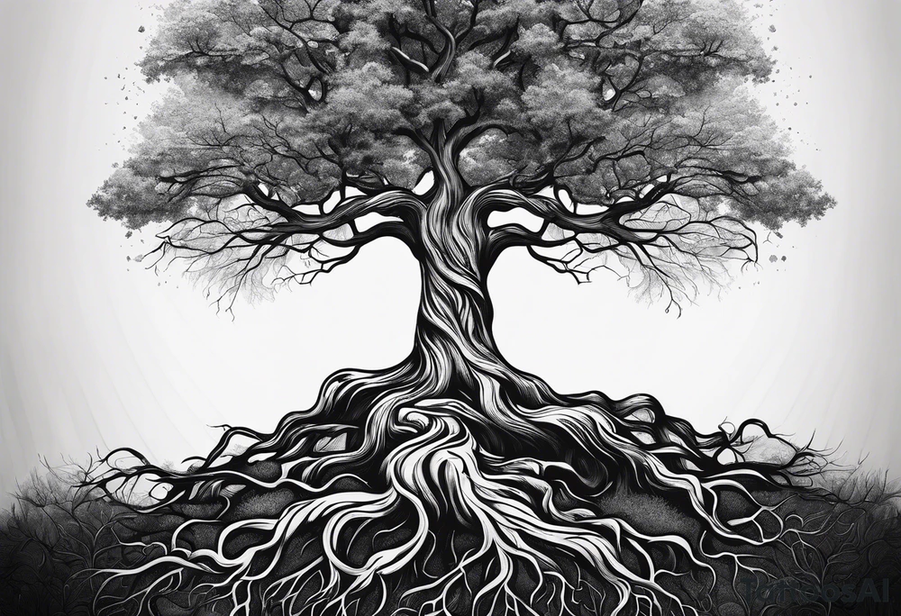 a tree with roots with the text of "Deep roots are not reached by the frost." around it tattoo idea