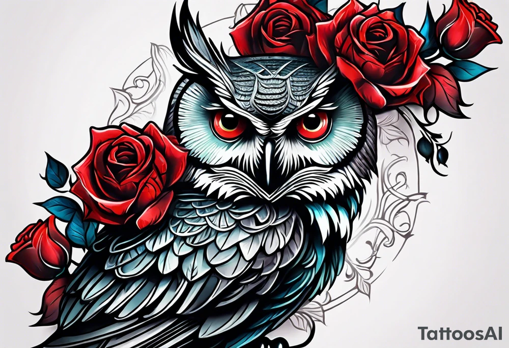 Color owl. 
Three red roses 
On the forearm tattoo idea