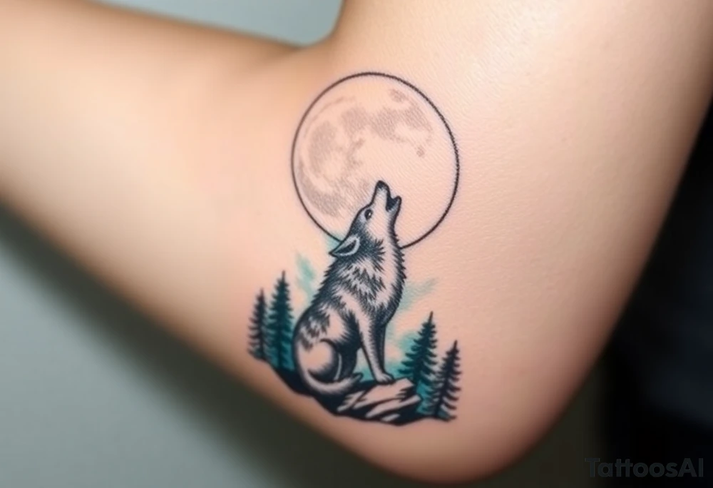 lone wolf howling at full moon with northern lights backdrop tattoo idea