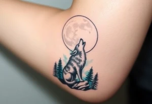 lone wolf howling at full moon with northern lights backdrop tattoo idea