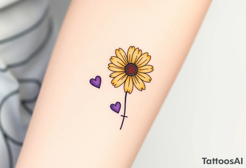 Simple yellow daisy with Purple Hearts & cross tattoo idea