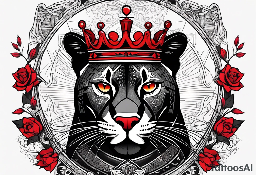 A full sleeve with a panther, a crown, a quote, a little bit of red ink, a girls eyes, an aggressive but heartfelt look tattoo idea
