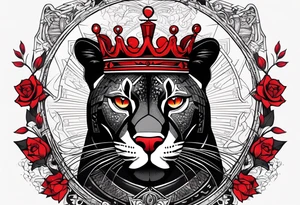 A full sleeve with a panther, a crown, a quote, a little bit of red ink, a girls eyes, an aggressive but heartfelt look tattoo idea