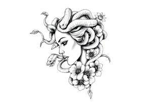 Side portrait of Medusa with snake heads, flowers tattoo idea