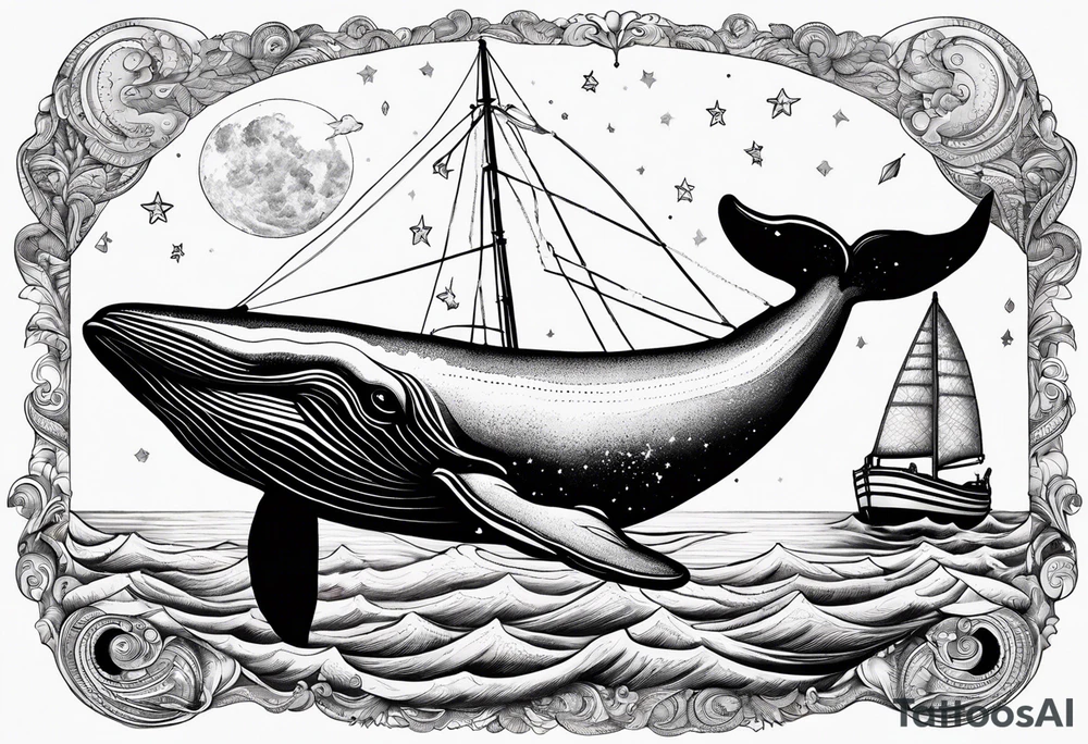 Moby dick inspired sperm whale jumping out of the water with the Virgo constellation in the sky and a sail boat at sea tattoo idea