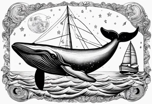 Moby dick inspired sperm whale jumping out of the water with the Virgo constellation in the sky and a sail boat at sea tattoo idea