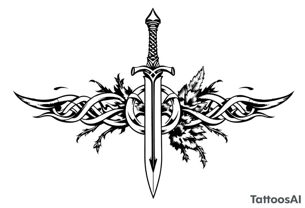 Armband tattoo combining a Celtic knot with a sword and nature tattoo idea