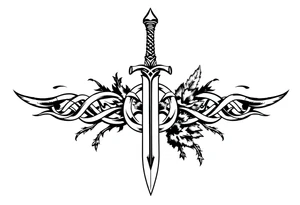 Armband tattoo combining a Celtic knot with a sword and nature tattoo idea