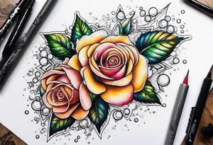 Roses with filled in stars & bubbles tattoo idea