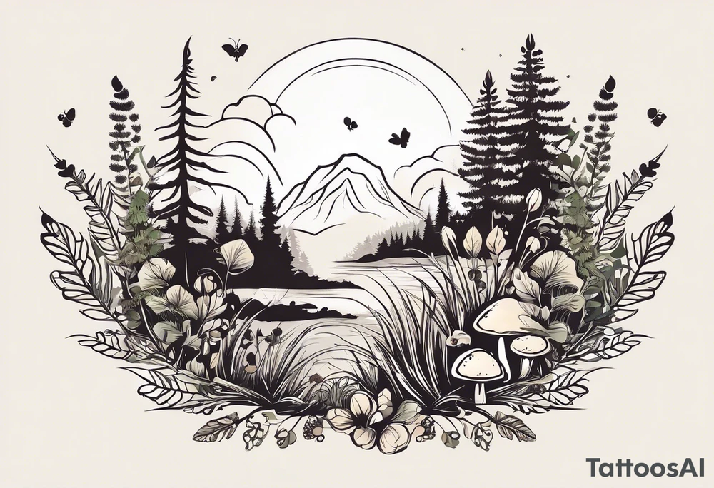 forest floor inspired minimalist tattoo, which includes grass, curly ferns, moss and dead leaves as the bulk of the tattoo. details to include: forest berries, a tiny bumblebee flying nearby, three small brown mushrooms
Generate a vertically long one tattoo idea