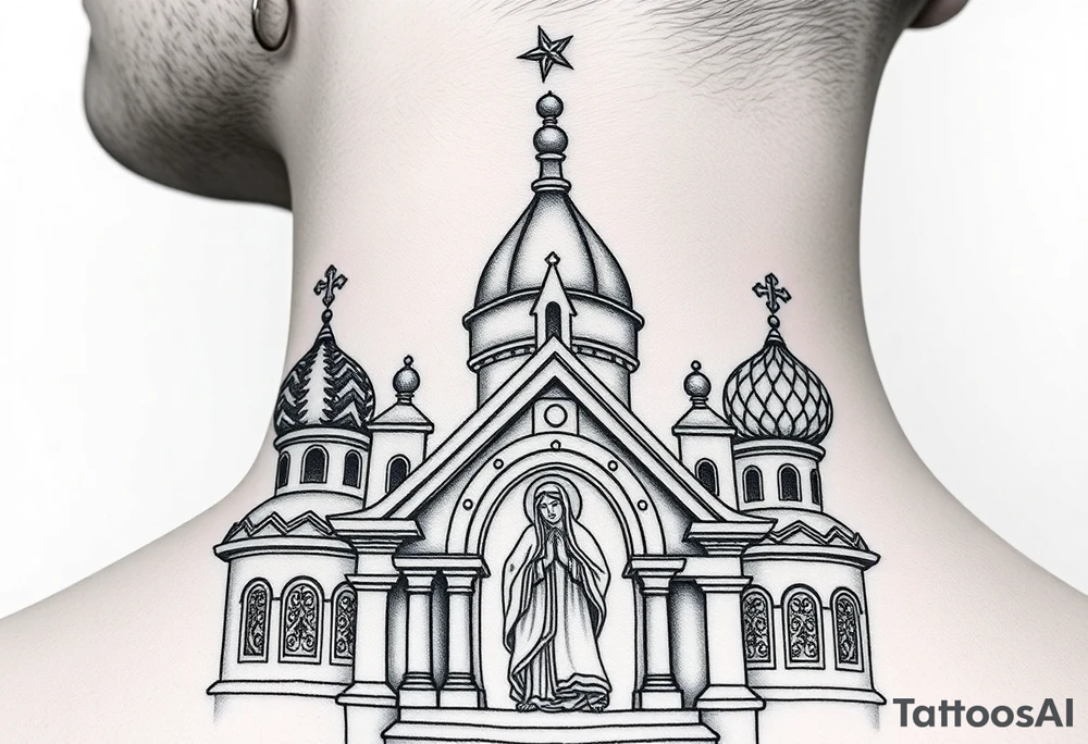 Flowing Scene

A onion domes orthodox church
Virgin Mary in prayer pose on the front doors of the russian orthodox church 
A small double headed russian coat of arms eagle or just the star tucked above the dome near the hairline tattoo idea