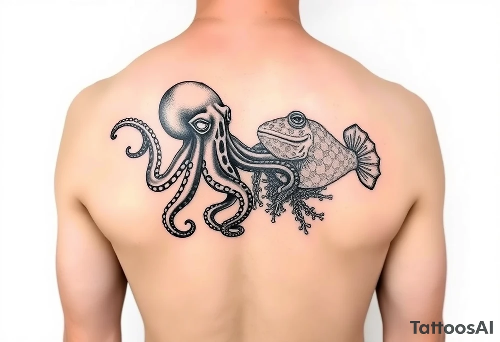 octopus, poison dart frog, pufferfish on right butt cheek tattoo idea