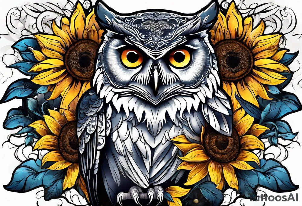Arm sleeve with owl and sunflowers tattoo idea