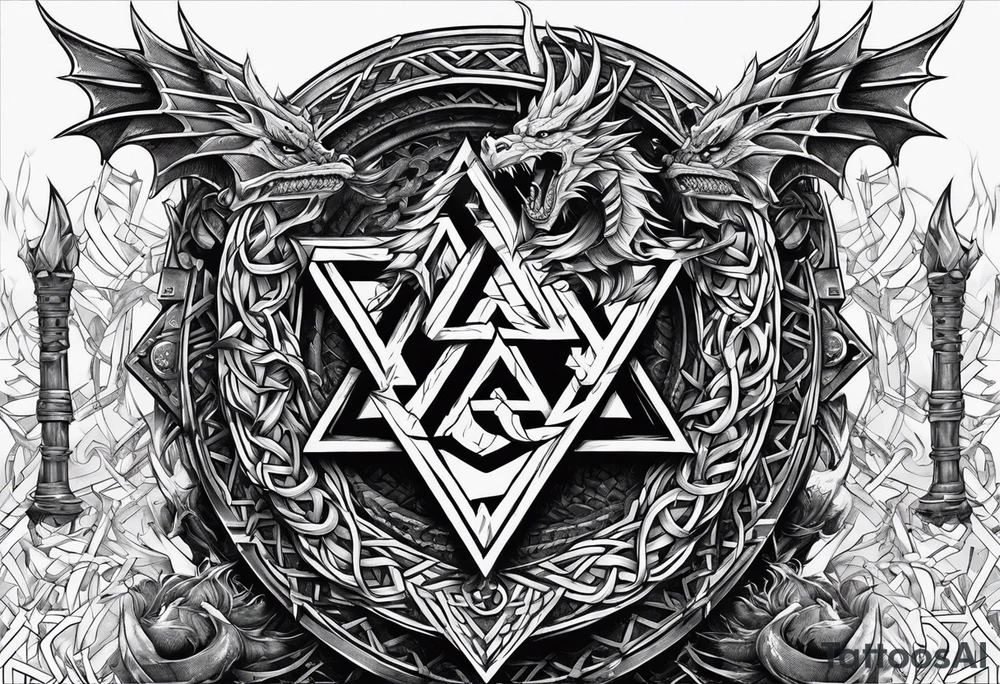 Valhalla sword shield dragon axe stairs Valknut barbed wire chains valknut fire tattoo idea Valhalla sword shield dragon axe stairs Valknut barbed wire chains valknut fire tattoo idea