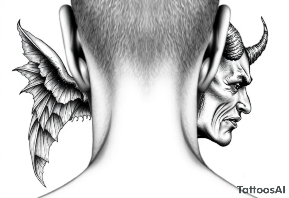 position behind the neck Angel (on the right) whispering in the right ear, demon (on the left) whispering in the left ear. It must be as realistic as possible. tattoo idea