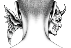 position behind the neck Angel (on the right) whispering in the right ear, demon (on the left) whispering in the left ear. It must be as realistic as possible. tattoo idea
