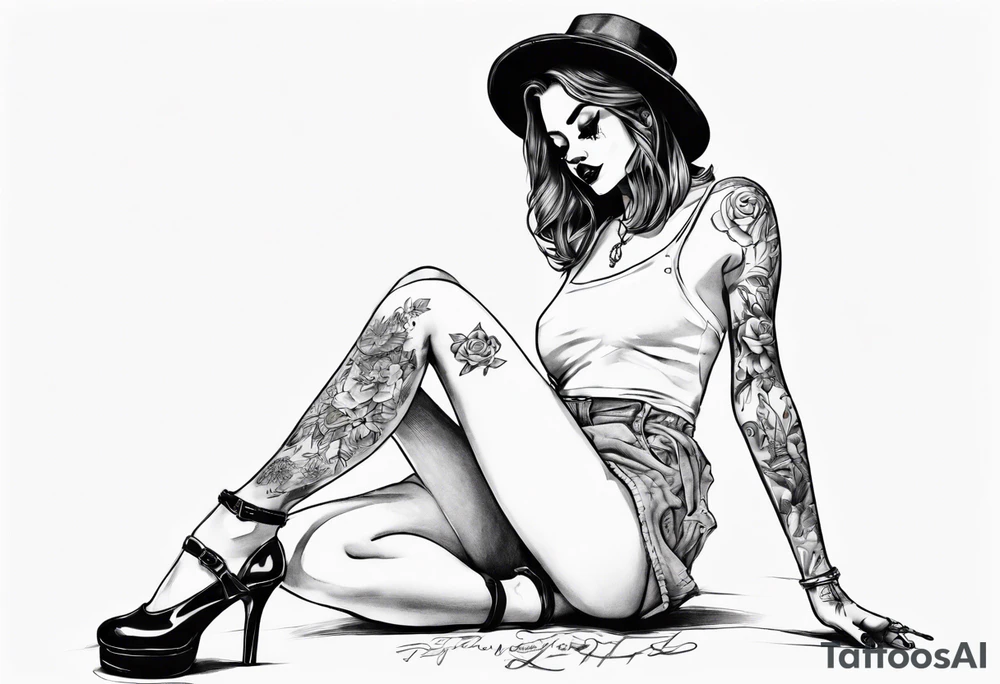 A girl in heels sits on the floor with her legs wide open tattoo idea