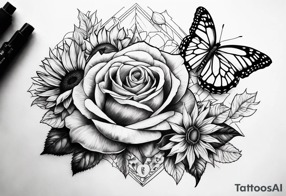 Flower : rose , sunflower, camera, small butterfly tattoo idea